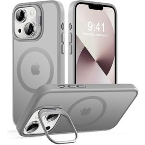DEERLAMN for iPhone 14/iPhone 13 Case with Stand,[Compatible with Magsafe][Built-in Camera Bracket] Shockproof Drop Protection Slim Translucent Matte Phone Cover for Women Men-Grey