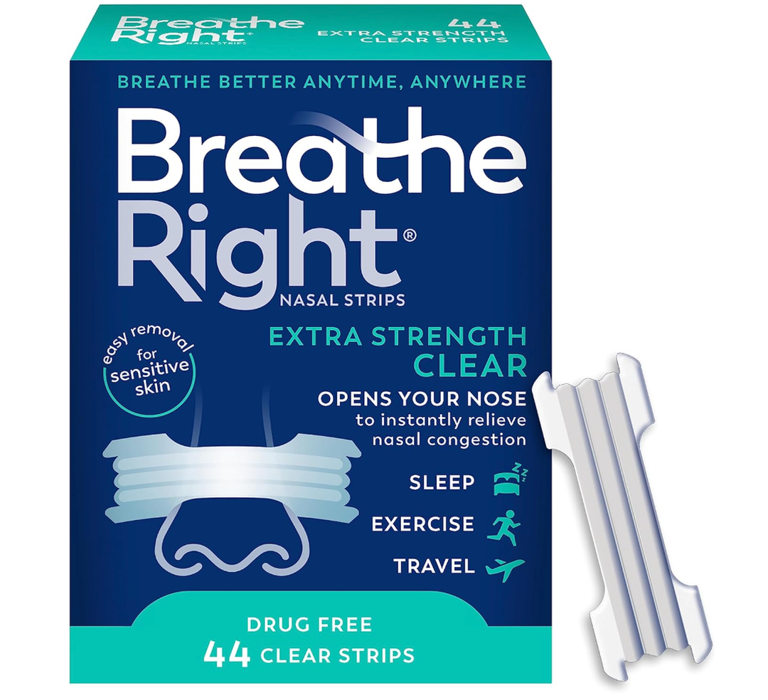 Breathe Right Nasal Strips | Extra Strength | Clear | For Sensitive Skin I DrugFree Snoring Solution & Nasal Congestion Relief Caused by Colds & Allergies | 44 Count 