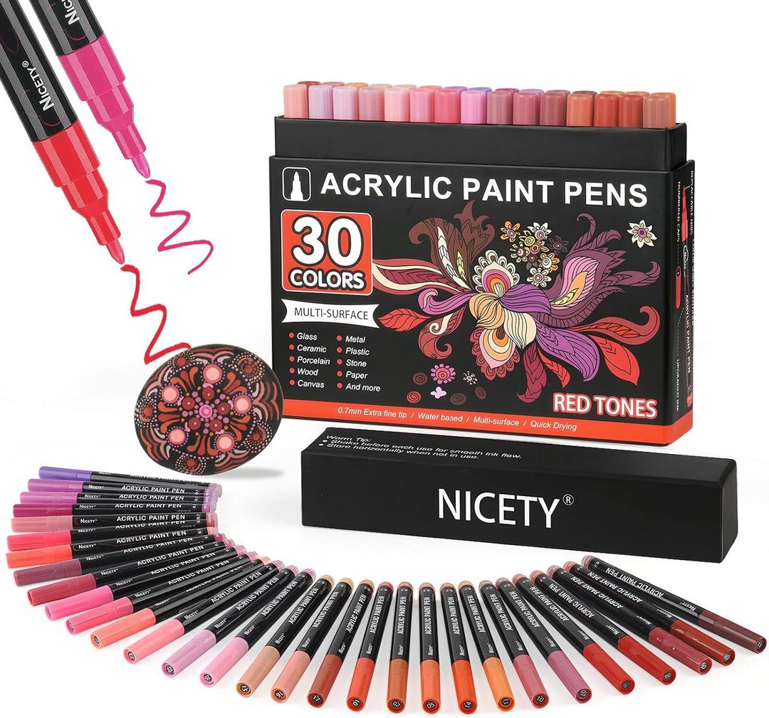 30 Colors Red Tones Acrylic Paint Pens, Pro Color Series Markers Set with 0.7mm Extra Fine Tip for Wood, Canvas, Stone, Glass, and Ceramic- DIY Art Supplies for Kids, Adults & Artists (Red)