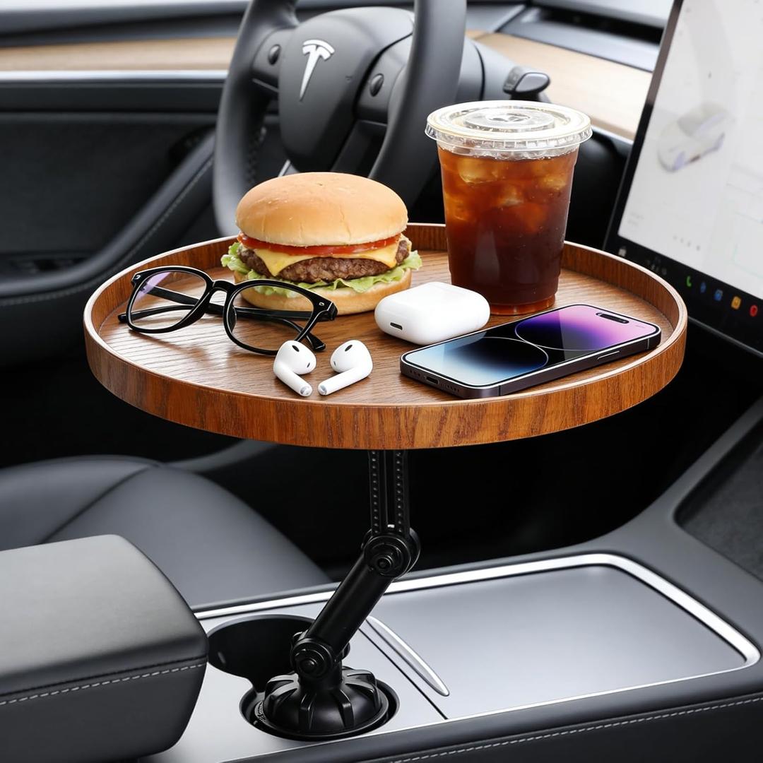 Car Food Cup Holder Tray - 360 Rotating Car Table and Car Seat Tray, Detachable Wooden Car Desk for Laptop and Food Tray, Compatible with Tesla Model Y/3/S, Ford F150/Explorer (Brown, 11.8")