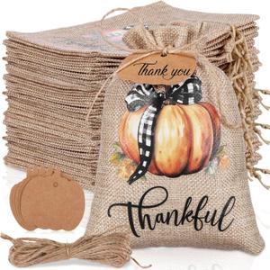 Wesnoy 50 Pcs Thanksgiving Burlap Gift Bags with Drawstring and 50 Pcs Tags 5x7 Autumn Fall Pumpkin Treat Bags Harvest Candy Goodies Sacks for Thanksgiving Party Favor DIY(Orange Pumpkin)