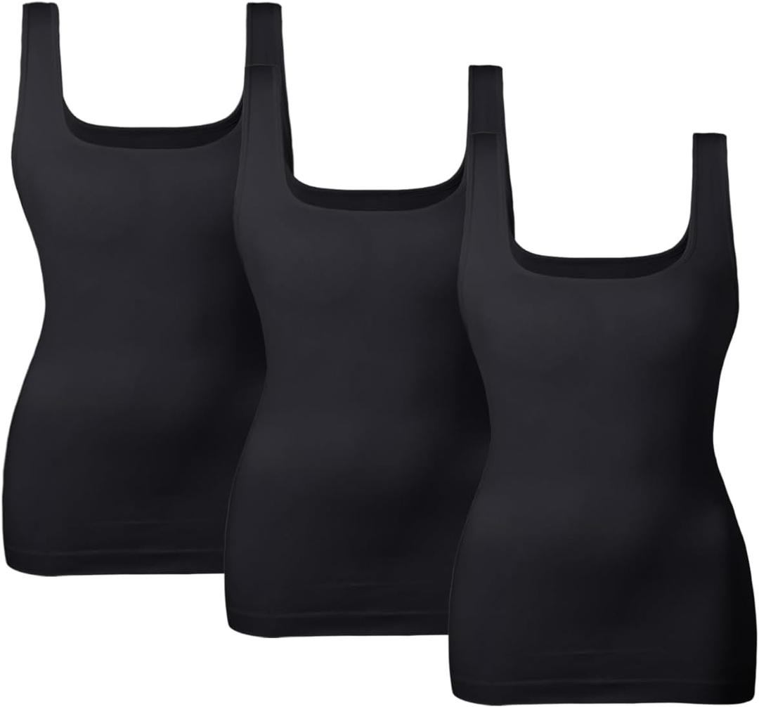 EUYZOU Women's Tummy Control Shapewear Tank Tops Seamless Square Neck Compression Tops Slimming Body Shaper Camisole (Medium, Black 3pk)