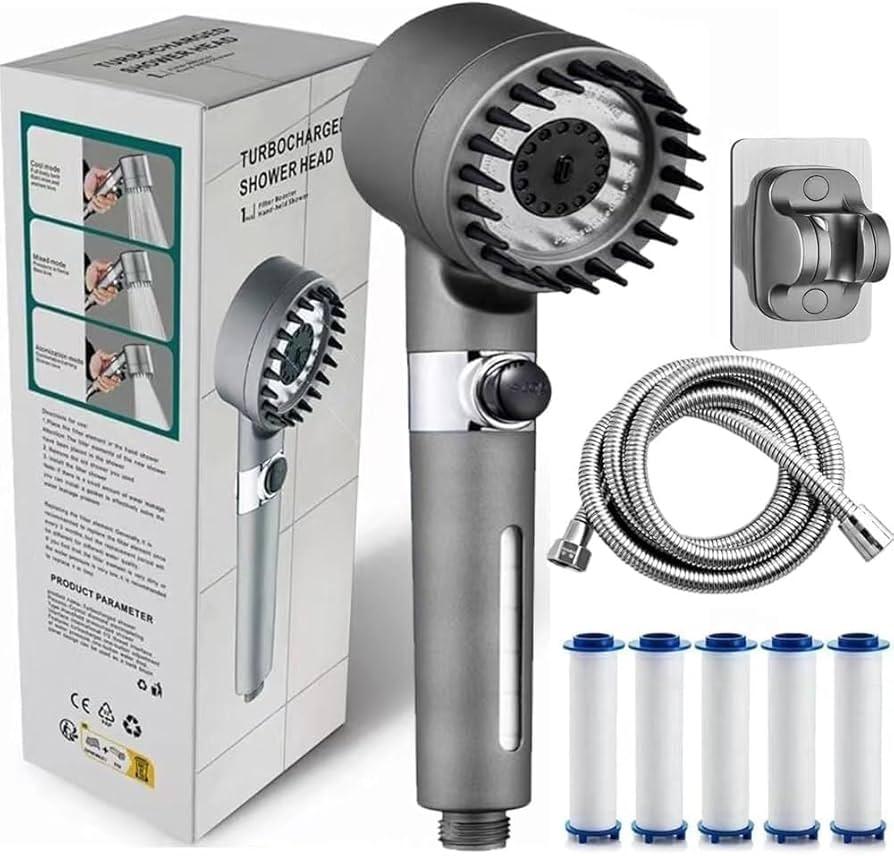 High Pressure Filtered Shower Head with Handheld - 4 Spray Modes, 5-Stage Filtration System, 59" Hose - Chlorine & Hard Water Filter (5 Replacement Cartridges, ABS+Stainless Steel)