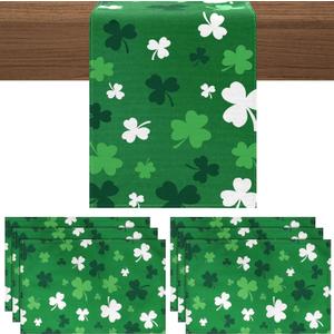 St. Patrick's Day Shamrock Table Runner and Placemat Set of 7, 12 x 18 Green Clover Place Mats 13 x 72 Seasonal Spring Table Runner for Irish Holiday Party Kitchen Dining Decor(Shamrock)