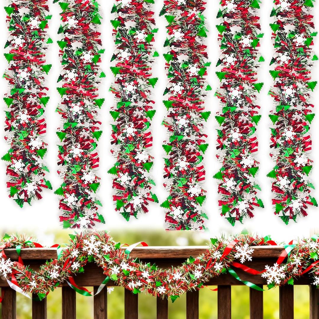 50 Feet Christmas Tinsel Garland with Snowflake Christmas Tree,Christmas Garland Decorations with Glitter Foil,Shiny Metallic Twist Garland for Xmas Tree,Home Mantle,Staircase Railing (50FT-Green Red)