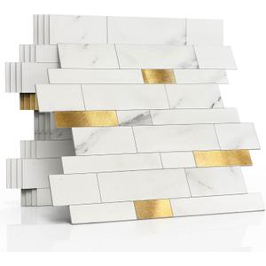 Backsplash Tile for Kitchen Peel and Stick Stone Matte Finish,Bathroom Tiles Stickers 3D Wall Panel Linear Mosaic Marble Backsplash Waterproof(10sheets,White Gold)