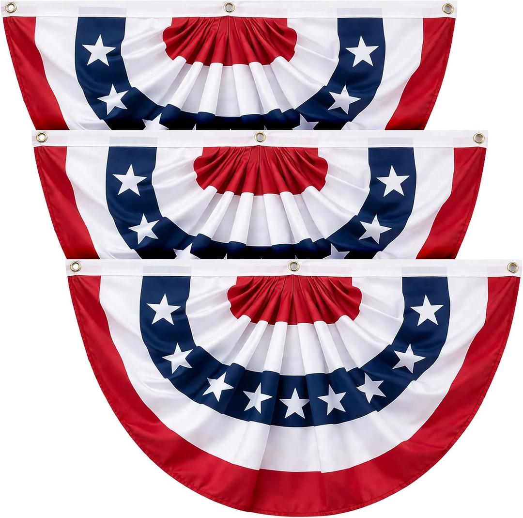 3x6 FT American Bunting Flags Outdoor, 4th of July Pleated Large Fan Flags, USA Patriotic Banner Decorations for 250th Anniversary, Outside Porch, Fence, Yard Garden, Red White and Blue Decor (3)
