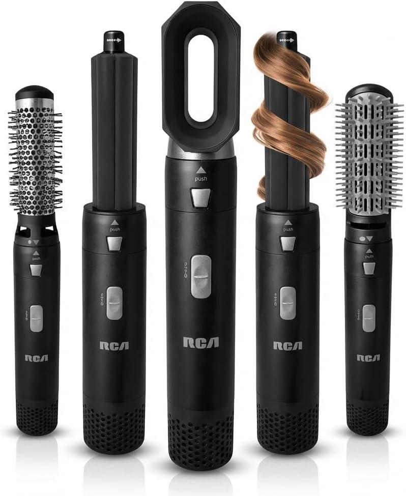 RCA Hot Air Styler, 5 in 1 Hair Dryer Brush Blow Dryer Brush with Auto Wrap Curlers, Volumizing Brush, Round Brush, Dryer Head, 1000W Multi Hair Styler for Blowouts, Curling, Smoothing & Drying, Black