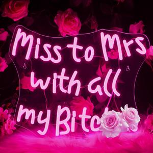 Ineonlife Miss And Mrs With All My B Neon Sign Pink Letter Neon Light Wedding Led Lights For Wall Decor Dimmable Light Up Sign For Wedding Bar Club Party Engagement Decoration Gifts(16.1''*12.9'')