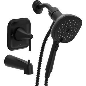 Moen Ronan Matte Black Single-Handle Modern Tub and Shower Faucet with Square Handheld Rain Shower Spray Head Featuring Magnetix, Valve Included, 82022BL