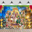 7x5ft Hindu Gods Backdrop, Indian Hindu Gods Photo Backdrop with Ram Sita Hanuman Ganesh & Marigold Puja Scenery, Indian Festival Party Decor Photo Booth Prop Wallpaper