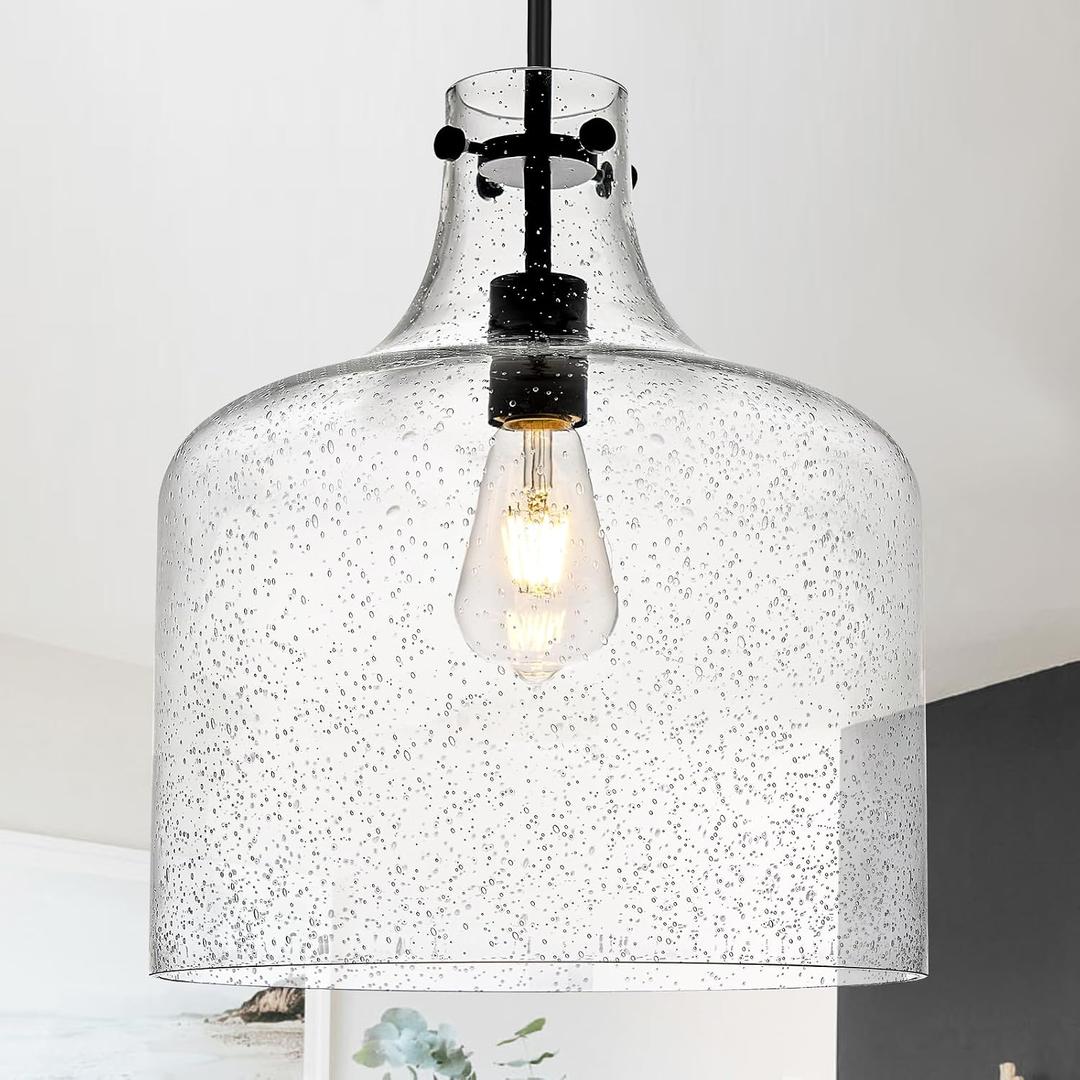 12" Farmhouse Seeded Glass Pendant Light, Black Hanging Light, 12" x 16"