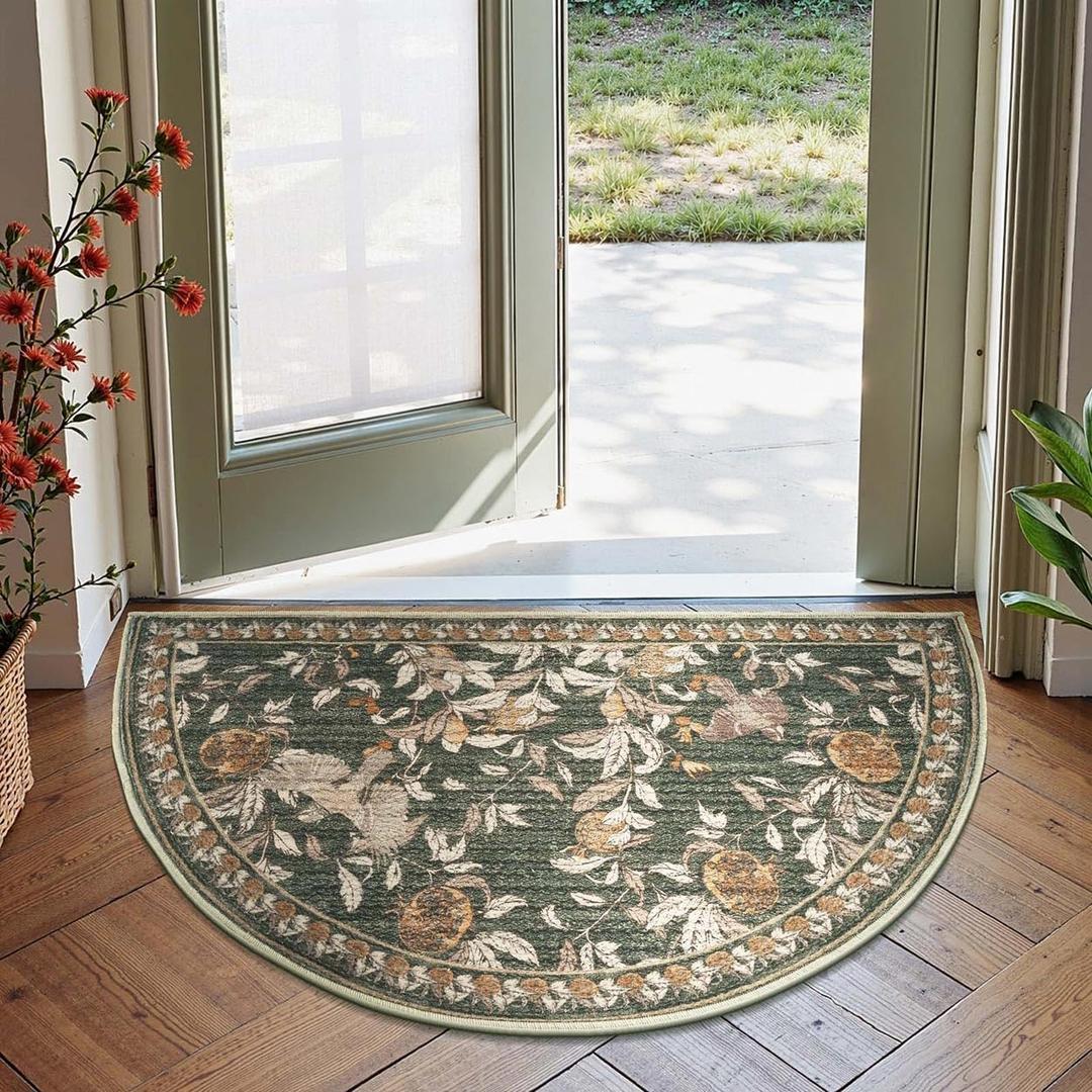 jinchan Eden Floral Area Rug Washable Entryway Rug 2x3 Vintage Indoor Doormat Accent Rug Half Circle Lightweight Soft Small Non-Slip Green Dirt Trapping Carpet for Entrance Kitchen Bedroom Bathroom (1'9" x 3' (Semicircular))