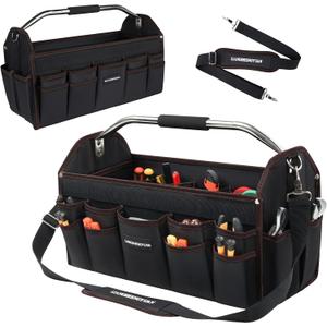 20 In Tool Carrier, Open Top Tool Tote 30 Pockets, Waterproof Tool Bag For Men, Foldable Wide Mouth Electricians Tool Bag, With Stainless Steel Handle and Removable Shoulder Strap