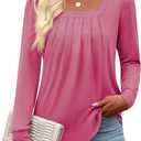 Funlingo Women's Puff Long Sleeve Tops Dressy Casual Square Neck Pleated Work Blouse Fall Trendy Tunic Flowy Chiffon Shirts (S)