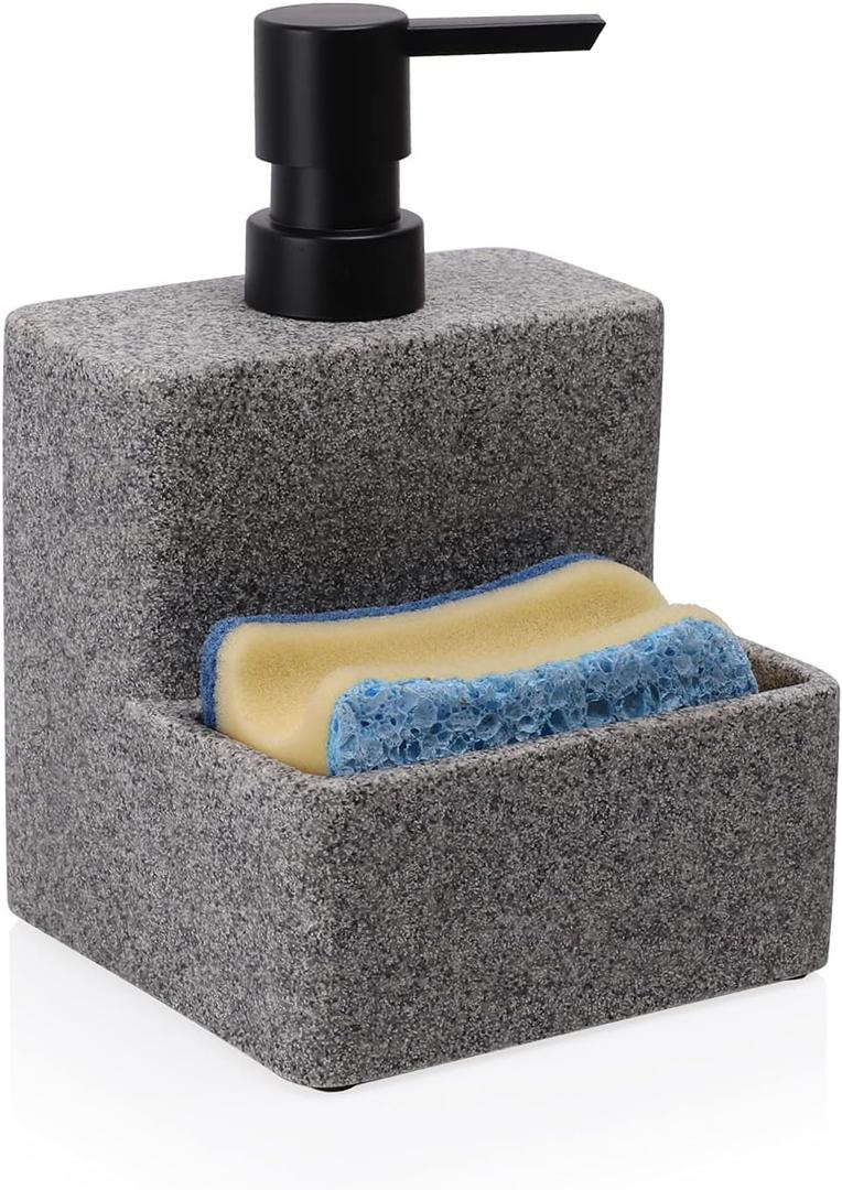 ZCCZ Soap Dispenser with Sponge Holder, Liquid Hand and Dish Soap Dispenser Pump Bottle and Sponge Holder 2 in 1 for Kitchen Sink Bathroom Counter Storage and Organization Black Marble Look