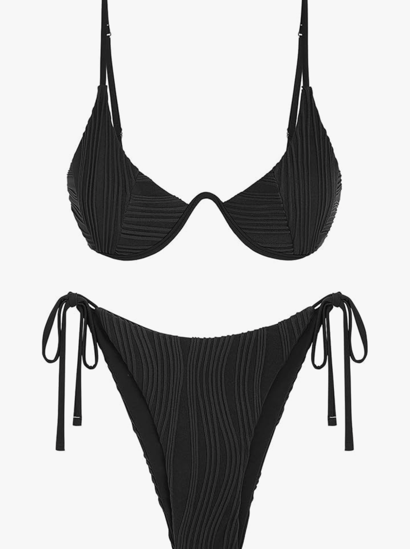 ZAFUL Women's Bikini Sets Ribbed Two Piece Swimsuits Underwire Adjustable Back Clasp Bathing Suit Side Tie Thong Swimwear M