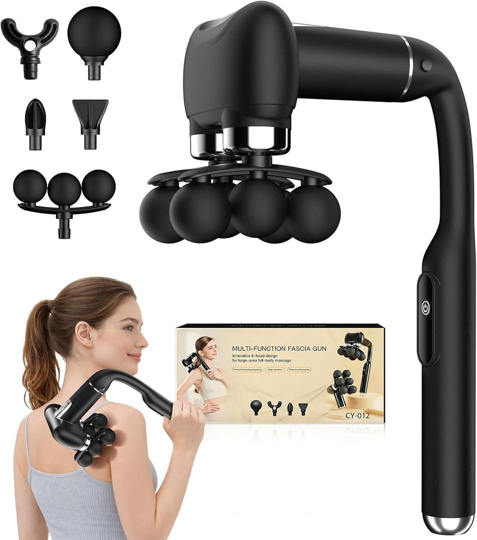 6-Head Massage Gun with Upgraded Detachable Extension Handle – Deep Tissue Percussion Massager for Neck, Shoulder, Back, Leg & Full Body Muscle Relaxation, Portable Handheld Massager