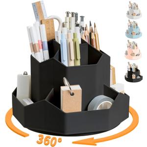 Pencil Pen Holder for Desk, 9 Slots 360 Degree Rotating Desk Organizers, Desktop Storage Stationery Supplies Organizer, Cute Pencil Cup Pot For Office, School, Home(Black)