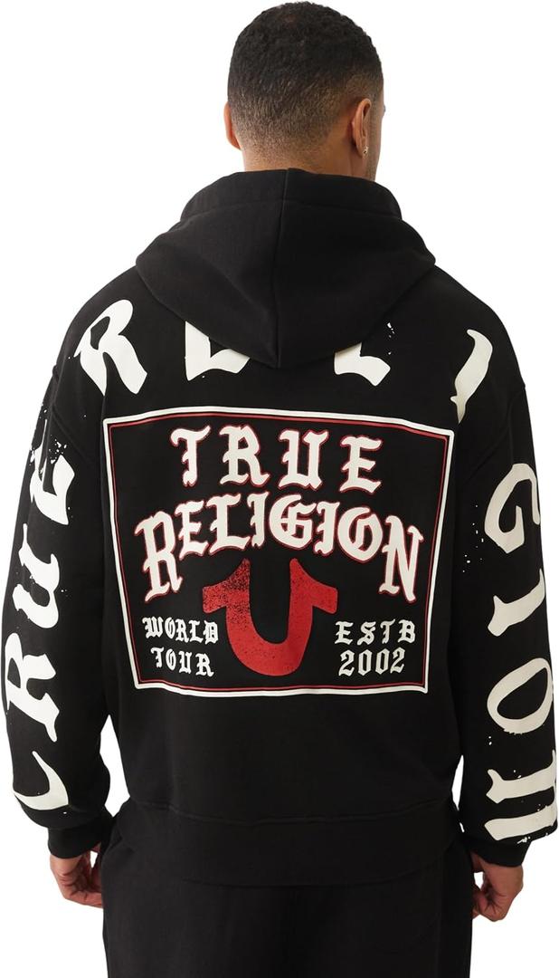 True Religion Men's TR Flag Relaxed Zip Up Hoodie Casual Full Zip Graphic Sweatshirt (Black, S)