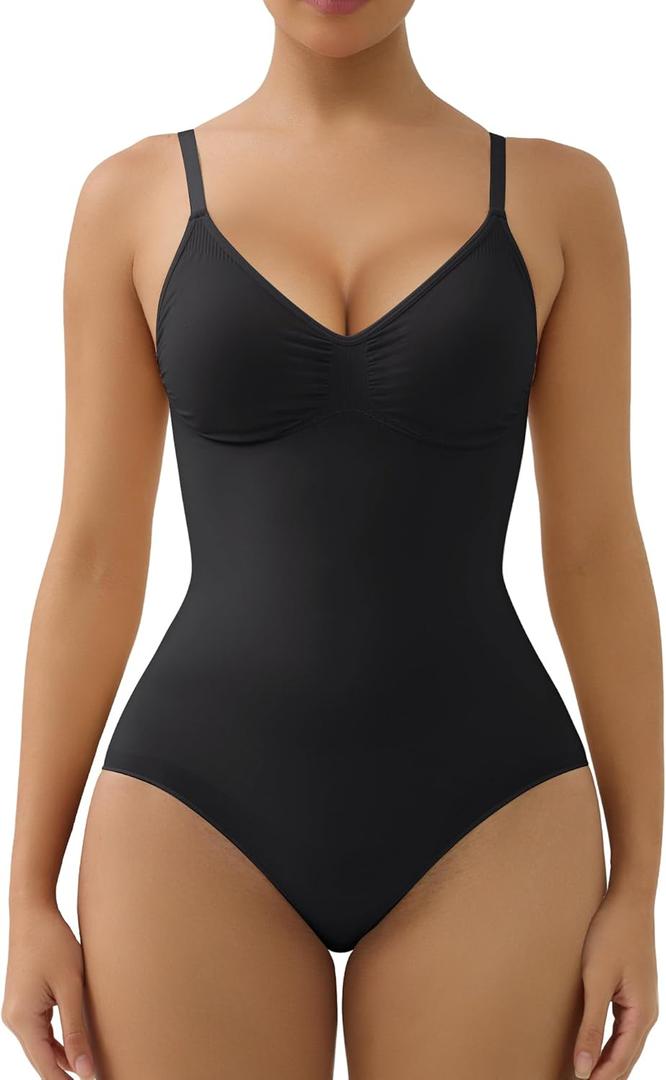 SHAPERX Women's Seamless Shapewear Tummy Control Bodysuit with Removable Pads Mid Thigh Body Shaper (Black, L)