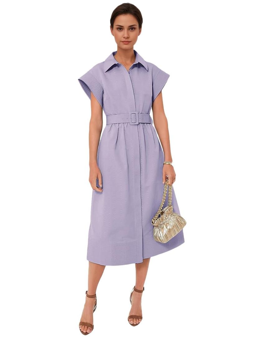 Women's Casual Button Shirt Dresses Short Sleeve Business Long Dresses Elegant Trench Coat with Pockets, XL