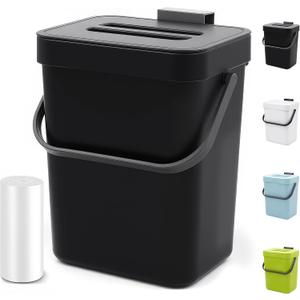 Countertop Compost Bin - 1.3 Gallons Hanging Small Trash Can with Lid for Kitchen Bathroom, Under Sink Kitchen Trash Can, Indoor Counter Compost Bucket with Lid, 5L(Black)