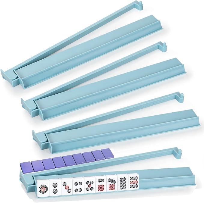 czzwak Mahjong Rack with Pushers, 4-Piece Premium Acrylic Mahjong Racks with Built-in Pushers & Rotating Bases - Set for Easy Play (Light Blue)
