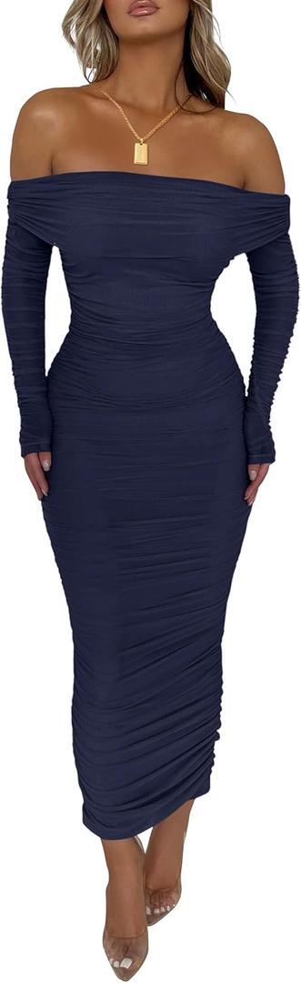 PRETTYGARDEN Women's Fall Off The Shoulder Maxi Dress Spring Long Sleeve Ruched Fitted Bodycon Club Dresses with Slit (Medium, Navy)
