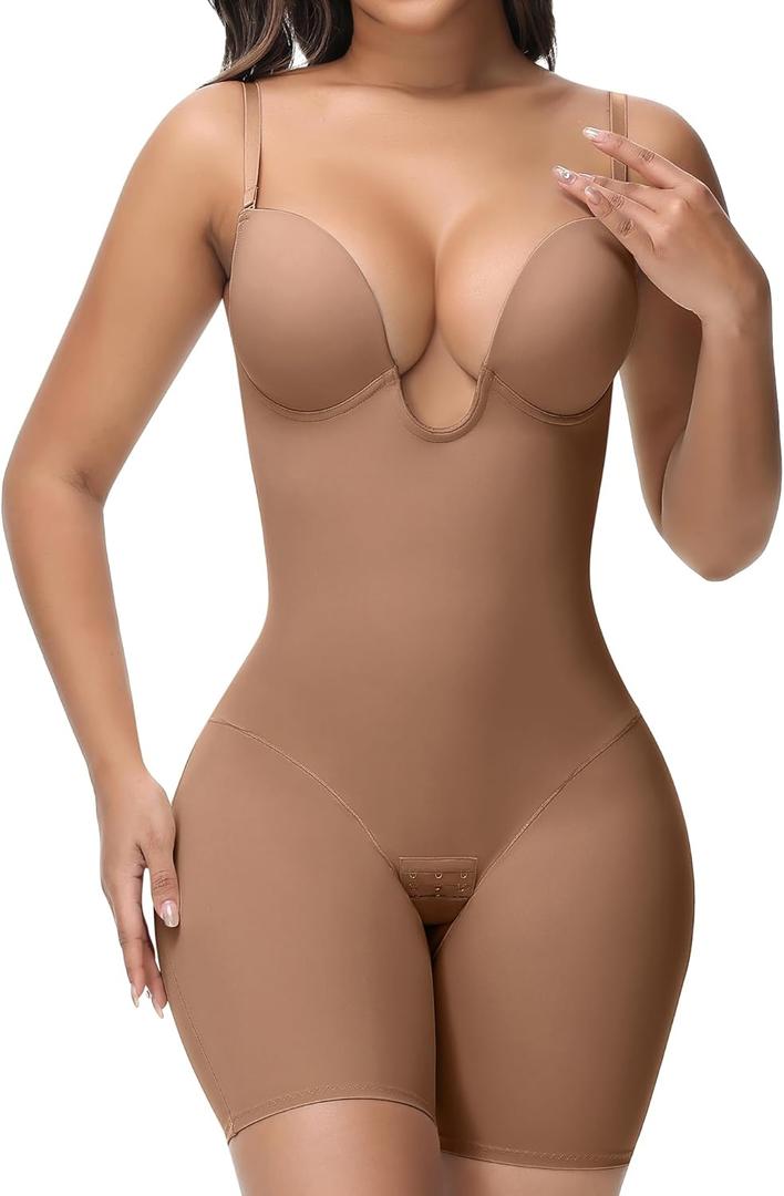 SHAPSHE Backless Shapewear Strapless Deep U Plunge Bodysuit for Women Built In Bra Tummy Control Low Back Body Shaper (XL, Coffee)