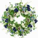 Artificial Spring Summer Wreath with Pansy Flower,Lavender Morning Glory for Front Door Indoor Outdoor Farmhouse Home Wall Window Festival Wedding Decor,