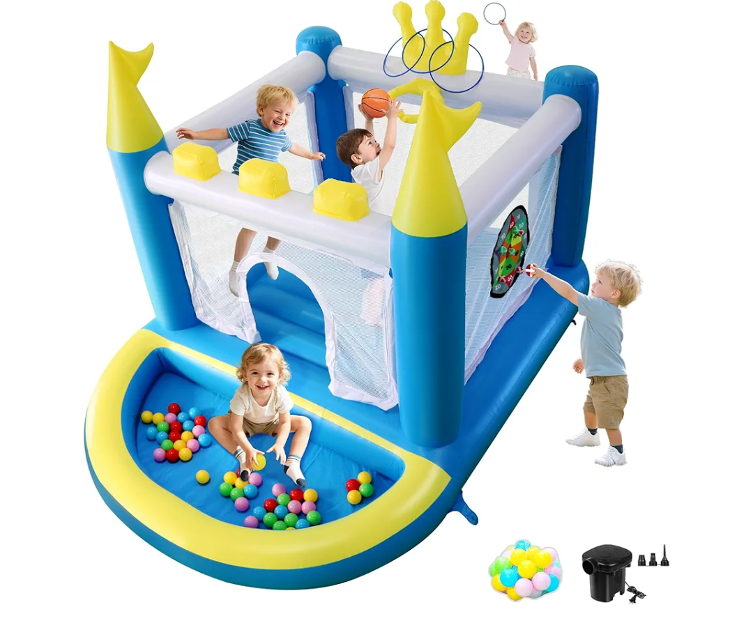 Mini Inflatable Bounce House with Ball Pit, 5 in 1 PVC Kids Bouncy Castle with Electric Air Pump, Small Crown Jump House for Kids Ages 3-8, Toddlers Playhouse Bouncer, Indoor/Outdoor