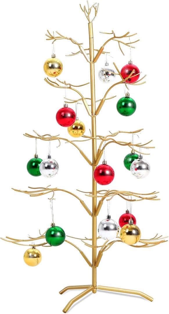 Liliful Christmas Metal Ornament Display Tree and Jewelry Organizer, 36 Inches Wire Ornament Stand Wrought Metal Christmas Tree Ornament Holder with 5 Tiers of Branches for Necklace Accessory, Gold