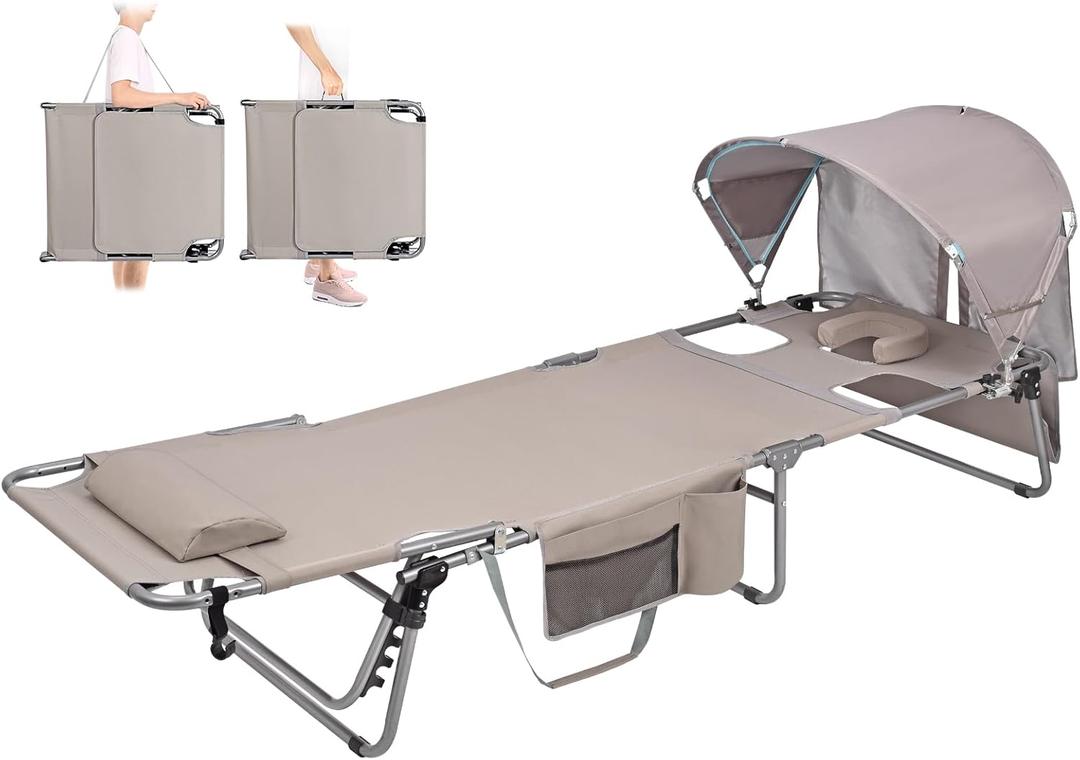 Oversized Tanning Chair with Sun Canopy Face Hole, Heavy Duty 330 LBS Folding Chaise Lounge Chair 5 Position Reclining for Adults Outside Reading Sunbathing Poolside Beach, UPF 50+, XL (Beige)