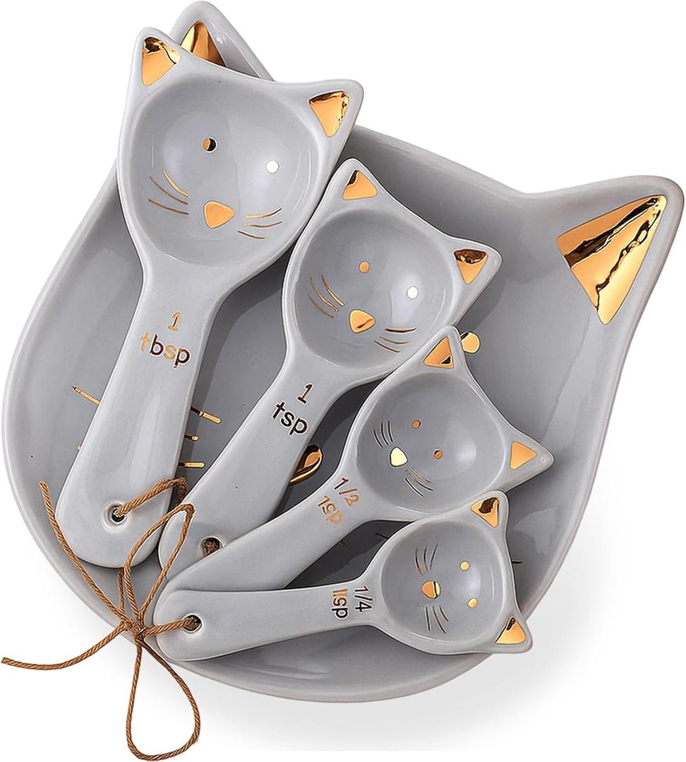 Patelai 5 Pcs Cat Measuring Spoons Set Kitchen Ceramic Counter Cat Ceramic Soup Spoon for Christmas Women Gift(Gray)