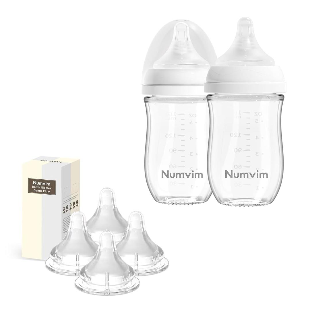 Natural Glass Baby Bottle (5Oz, 2 Packs) Gentle & Extra Slow Flow, Without Lead Body, Newborn Breastfeeding Bottle with 4 Gentle Flow Nipples(M), Newborn Feeding Set(0~3M)