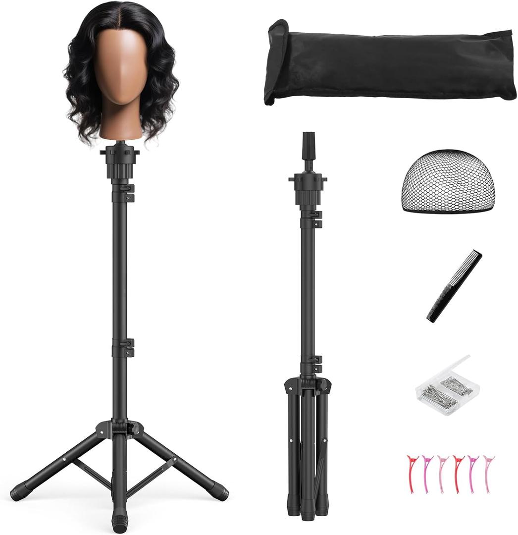 Wig Stand Tripod, 50 Inch Adjustable Mannequin Head Stand, Wig Head Stand for Cosmetology, Hairdressing Training - Includes T-Pins, Comb, Hair Clips & Carrying Bag (Head Not Included)