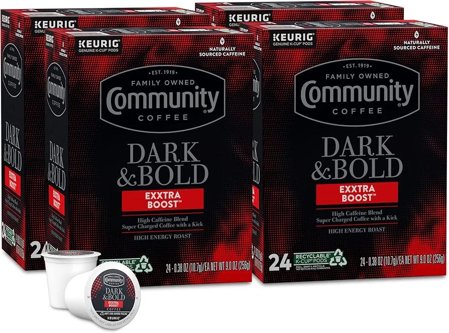 Community Coffee Dark & Bold Exxtra Boost 96 Count Coffee Pods, Compatible with Keurig 2.0 K-Cup Brewers, 24 count (Pack of 4)