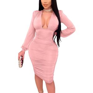 GOBLES Women's Sexy Long Sleeve Deep V Neck Ruched Bodycon Cocktail Party Midi Dress (Pink, M)