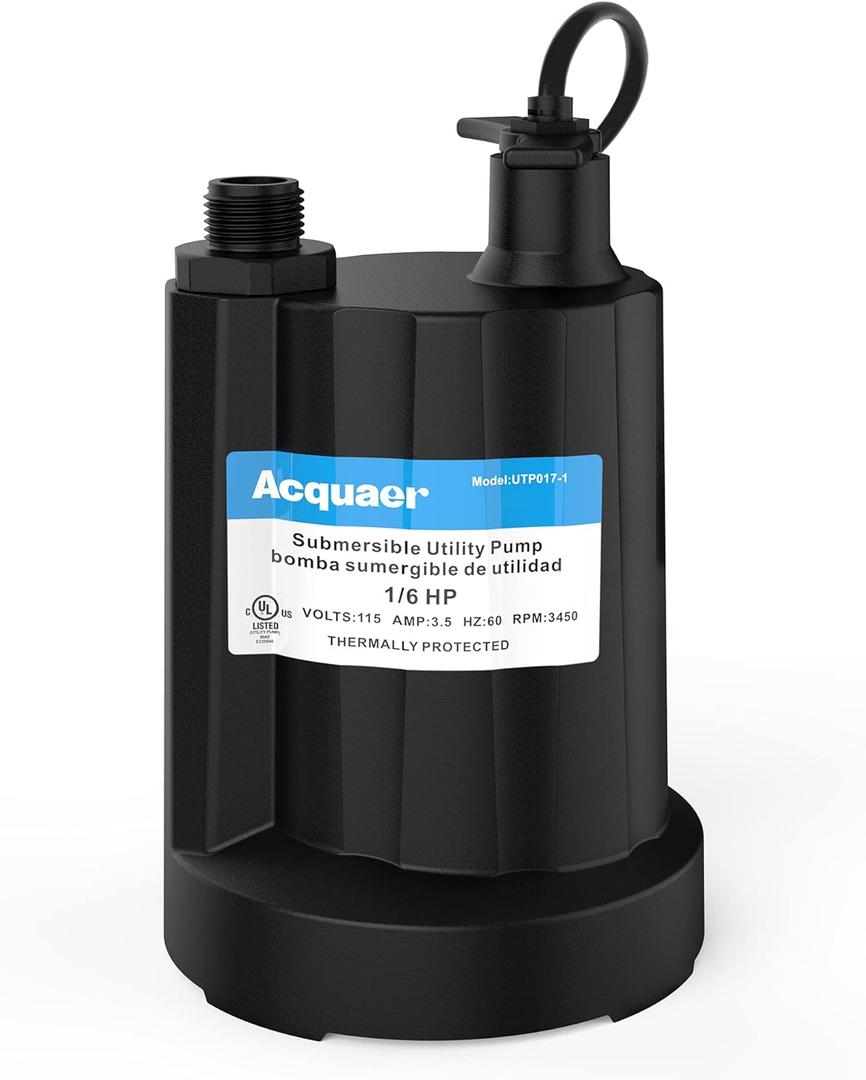 Acquaer Submersible Water Pump 1/6 HP Sump Pump Thermoplastic Utility Pump Small Electric Water Pump 1750GPH Water Remove for Basement Hot Tubs Garden Pool Cover Draining with 10 ft Cord