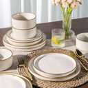 GBHOME 18-Piece Stoneware Dinnerware Set for 6 Ribbed Ceramic Plates and Bowls, Scratch-Resistant, Microwave & Dishwasher Safe, Reactive Glaze, White with Honey-Brown Edge