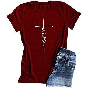 Qrupoad Faith T Shirt for Women Christian Jesus Cross Inspirational Shirts Summer Graphic Tees for Religious Gift.L