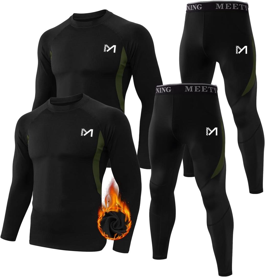 MEETYOO Thermal Underwear for Men,Men's Base Layer,2 Sets Long Johns Lined with Hunting Gear (Large, Black+black)
