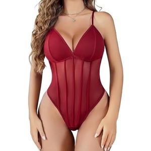 Avidlove Bodysuit for Women Sexy Lingerie Sleeveless Spaghetti Strap Cami Teddy , XXL, Red