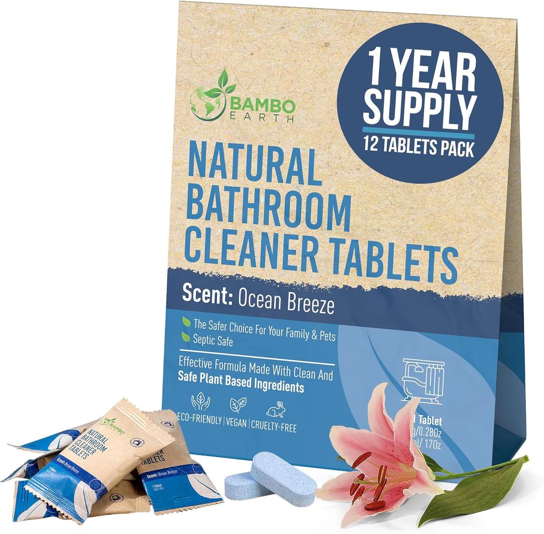 12 Pack Natural Bathroom Cleaner - Bath Shower Bathtub Tub Toilet Tile Cleaning Tablets Refill - Eco-Friendly Product & Cleaning Supplies - 1 Tablet = 17oz Spray (204oz Total) - Ocean Breeze