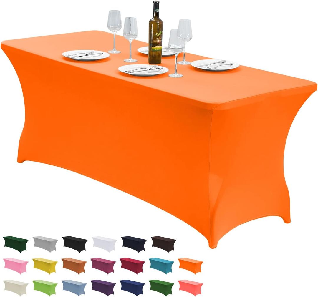 CWK 6FT Waterproof Stretch Spandex Table Cover for Rectangular Tables - Elastic Fitted Tablecloth for Folding Tables,Wrinkle Resistant Table Cloth for Parties, Weddings,Banquets & Events(Light Orange)