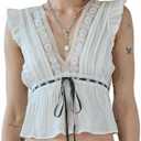 Women Lace Trim Shirts Sleeveless V Neck Flutter Sleeve Tie Front Cropped Tank Tops Slim Fit Going Out Tops S