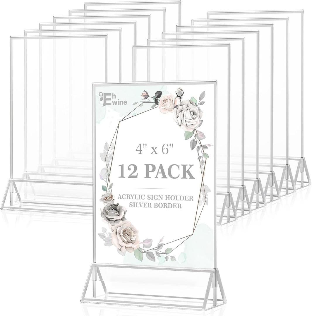 EHWINE 12 Pack Acrylic Sign Holder 4 x 6, Double Sided Silver Picture Frame Stand up Table Top Sign Holders, Clear Display Stand Menu Flyer Holder for Wedding Party(Provide Non-slip Mats)