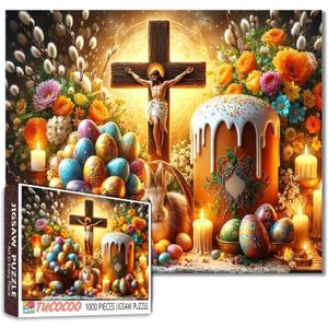 Religious Easter Puzzles for Adults 1000 Pieces Jesus on Cross Jigsaw Puzzles for Game Nights Eggs and Bread Jigsaw Puzzle for Challenging Family Activity Game DIY Craft Puzzle Home Decor Gifts