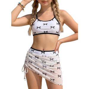 Girls 3 Piece Bikini Set Halter Triangle Top Floral Print Mid Waist Bottom Cover Up Skirt Cute Swimwear Blue
